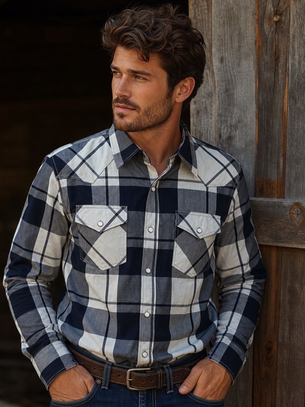 Coastal Mens Sz A Western Shirt Pearl Snap Plaid Navy White Long Sleeve Collared